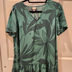 A NEW DAY Women's Tropical Leaf Drop Waist Short Sleeve Mini Dress Green Small